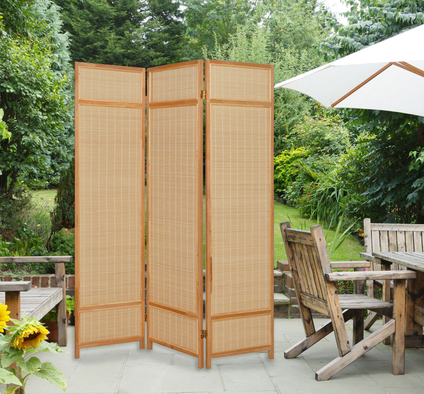 Natural Brown Bamboo Three Panel Room Divider Screen