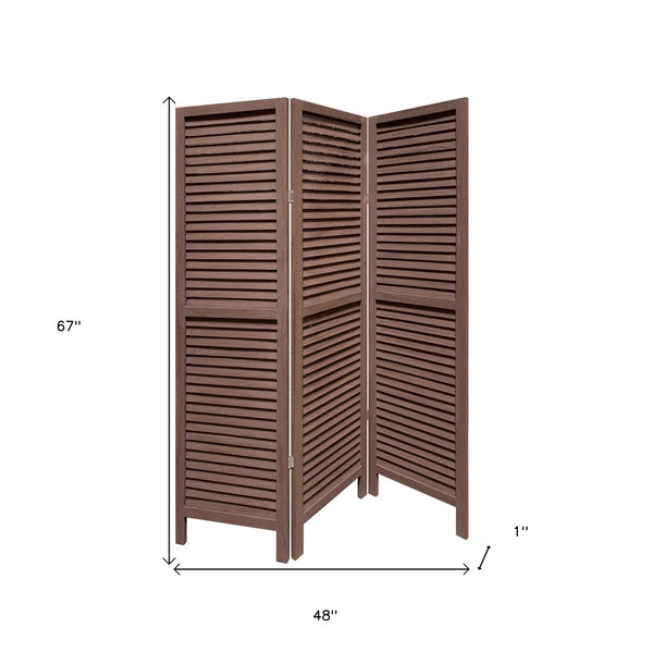 Stylish Three Panel Washed Brown Shutter Divider Screen