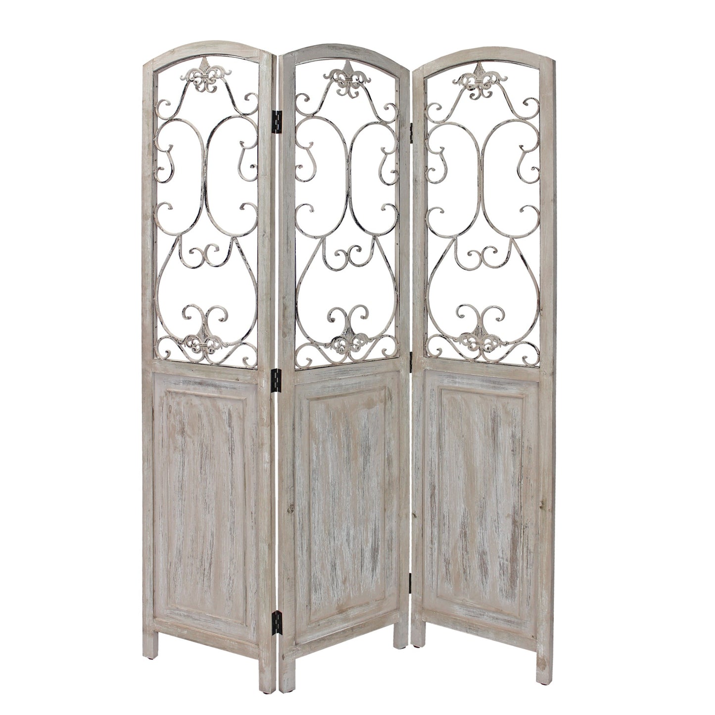 Romantic Whitewashed Scroll Three Panel Room Divider Screen