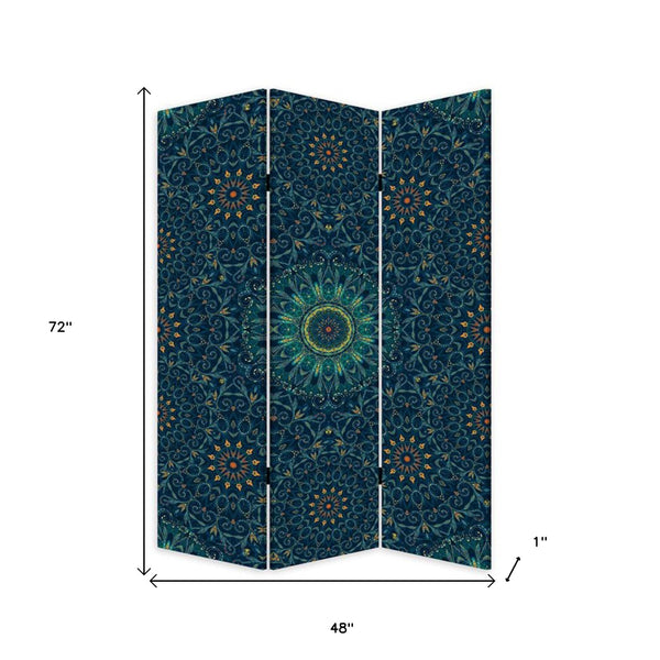 Blue Boho Mandala Three Panel Room Divider Screen