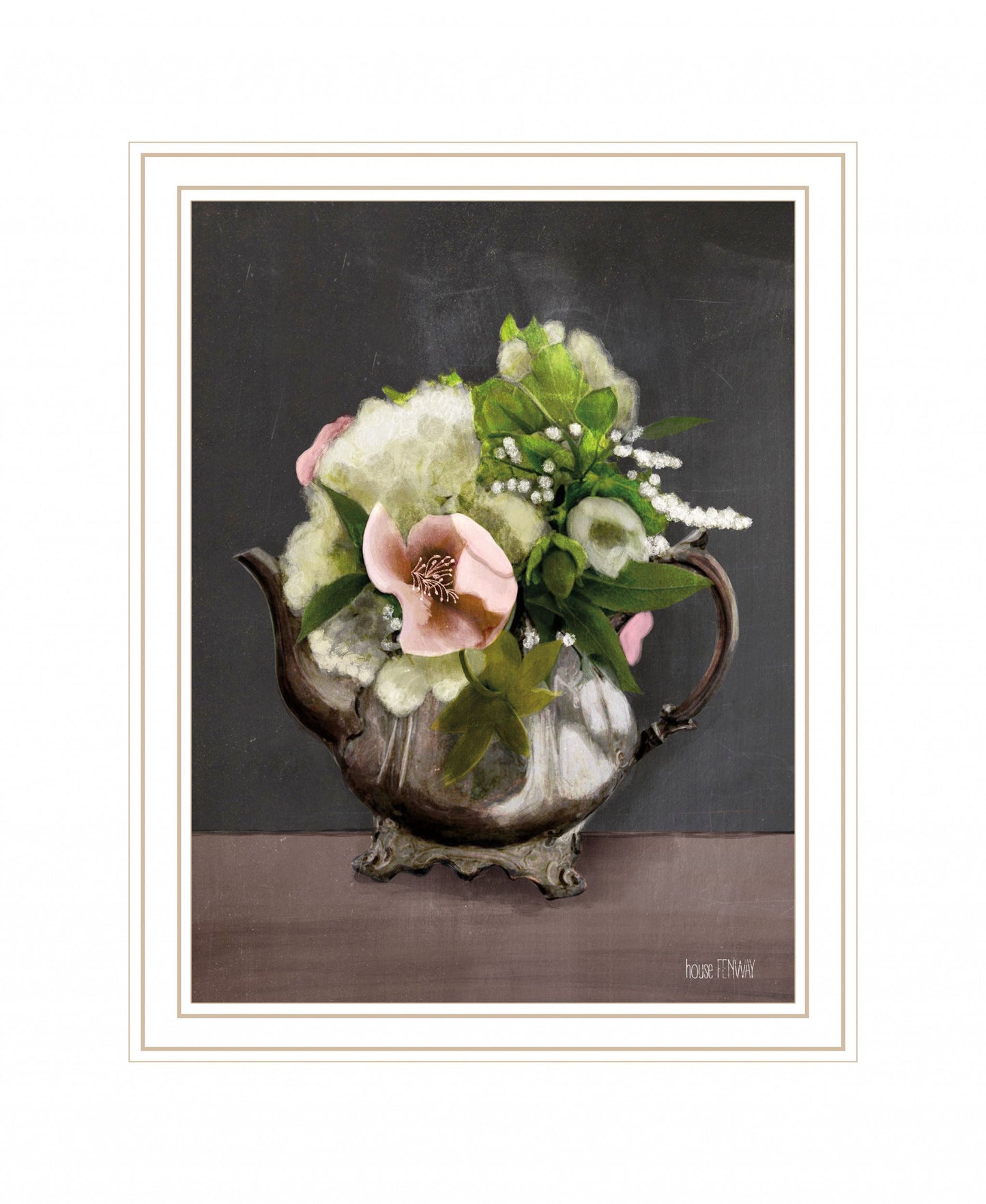 Vintage Floral Tea Pot 2 Black Framed Print Wall Art