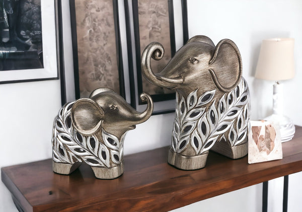 Set of Two 9 Silver Polyresin Elephant Statue