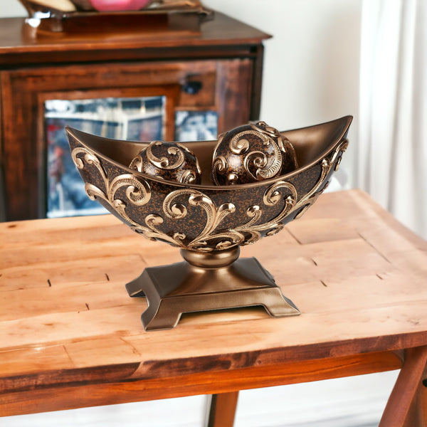 11 Brown And Gold Polyresin Decorative Bowl With Orbs