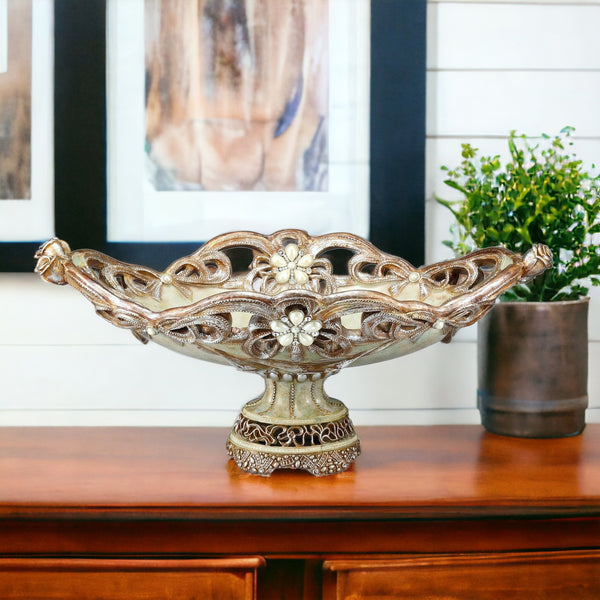 9 Beige And Gold Polyresin Decorative Bowl