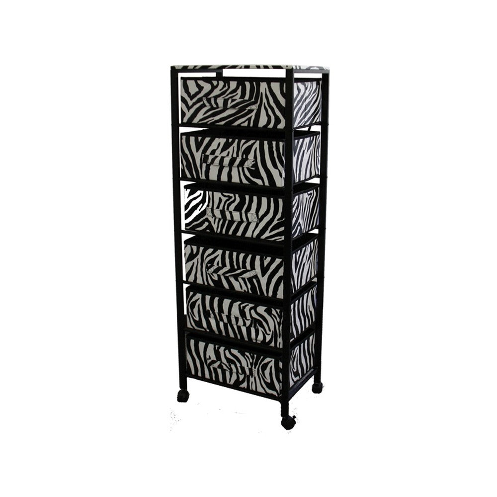 Zebra Black and White Rolling Six Drawer Tower Organizer