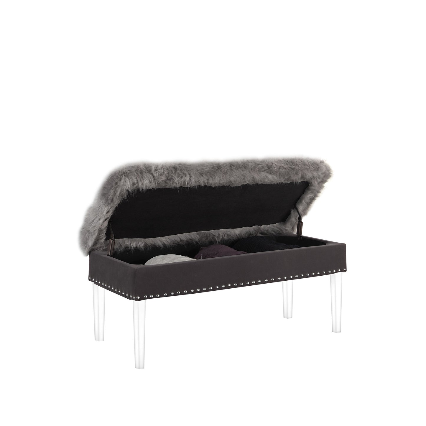 42" Gray and Clear Upholstered Faux Fur Bench with Flip top