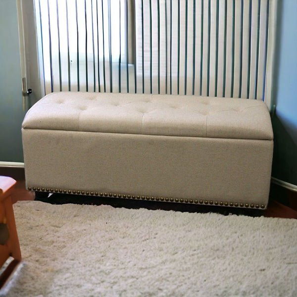 17 Beige and Black Upholstered Microfiber Bench with Flip top