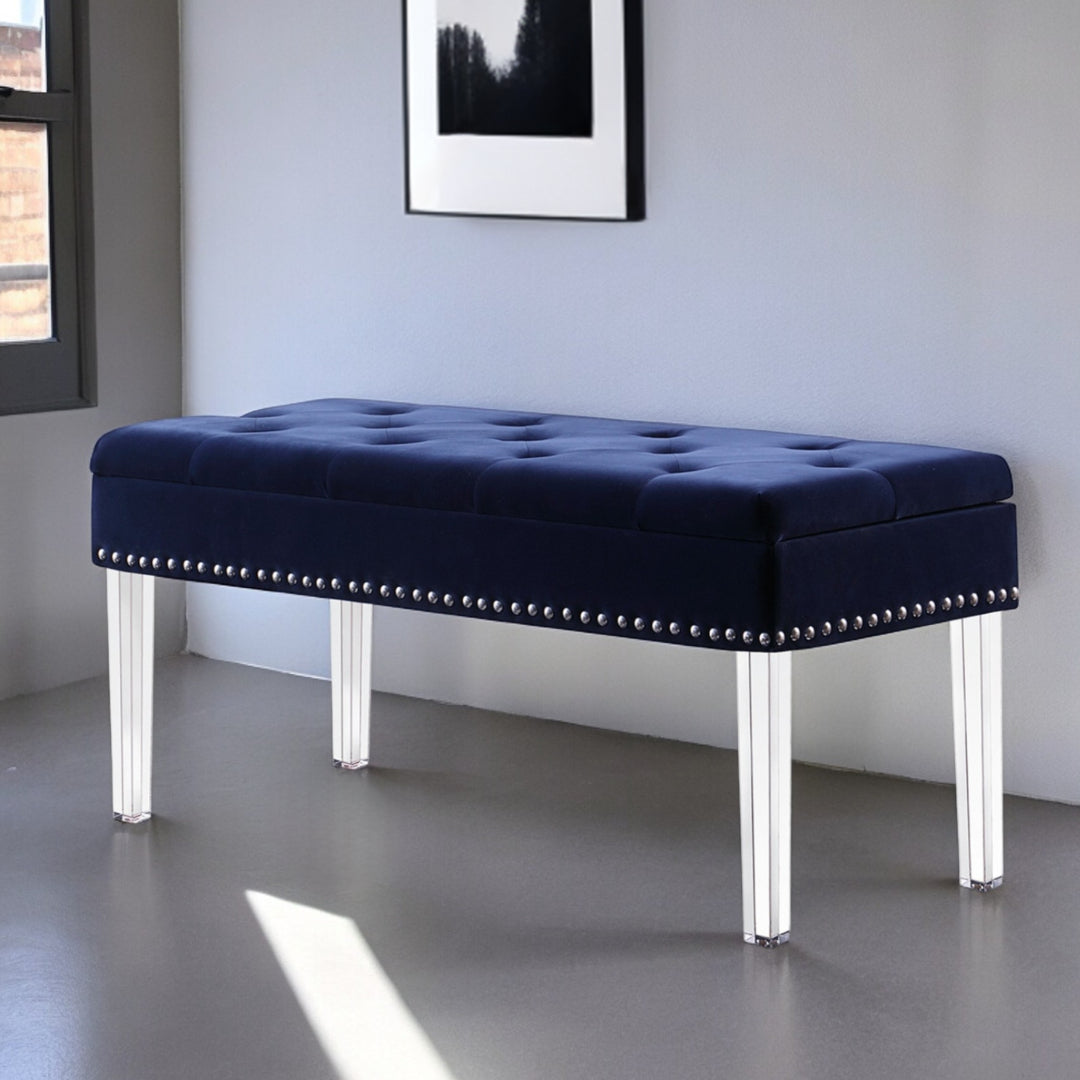 42" Navy Blue Velvet and Clear Acrylic Storage Bench