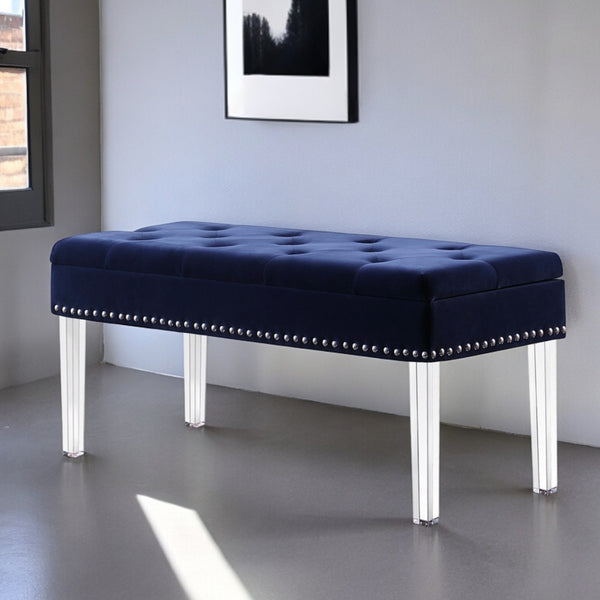 42 Navy Blue Velvet and Clear Acrylic Storage Bench