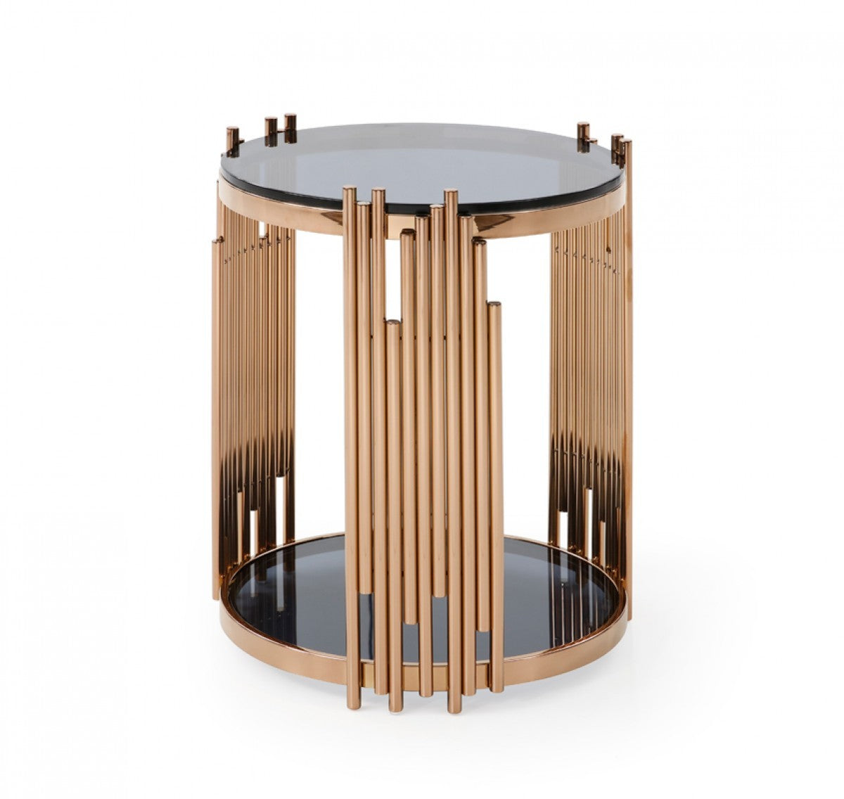 20" Rosegold And Black Glass Round End Table With Shelf