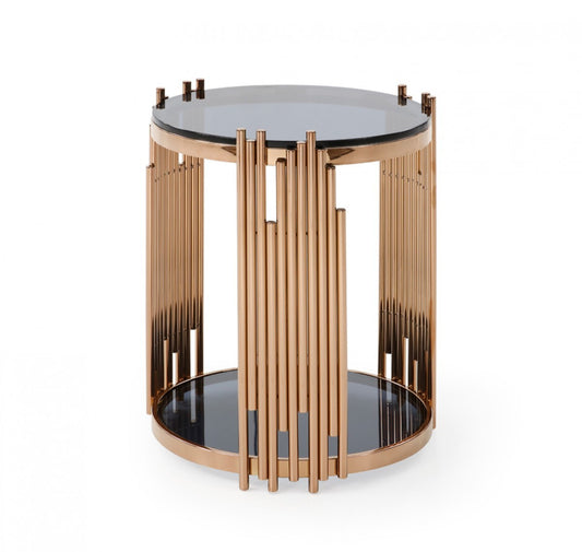 20" Rosegold And Black Glass Round End Table With Shelf