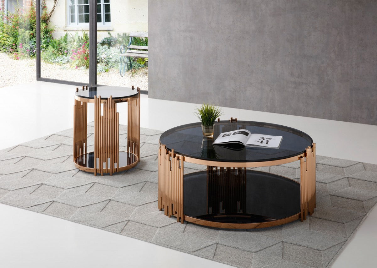 20" Rosegold And Black Glass Round End Table With Shelf