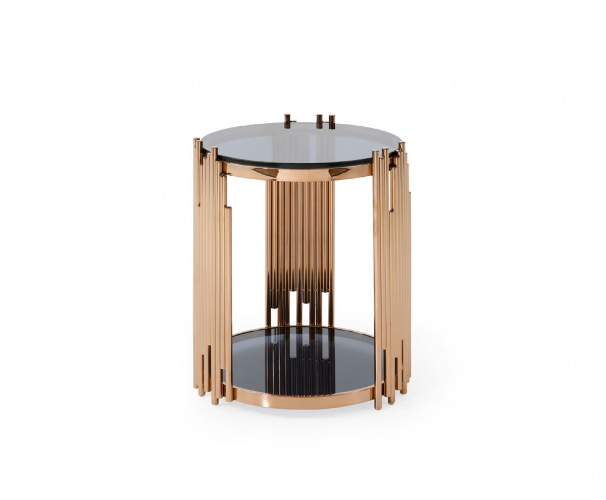 20" Rosegold And Black Glass Round End Table With Shelf