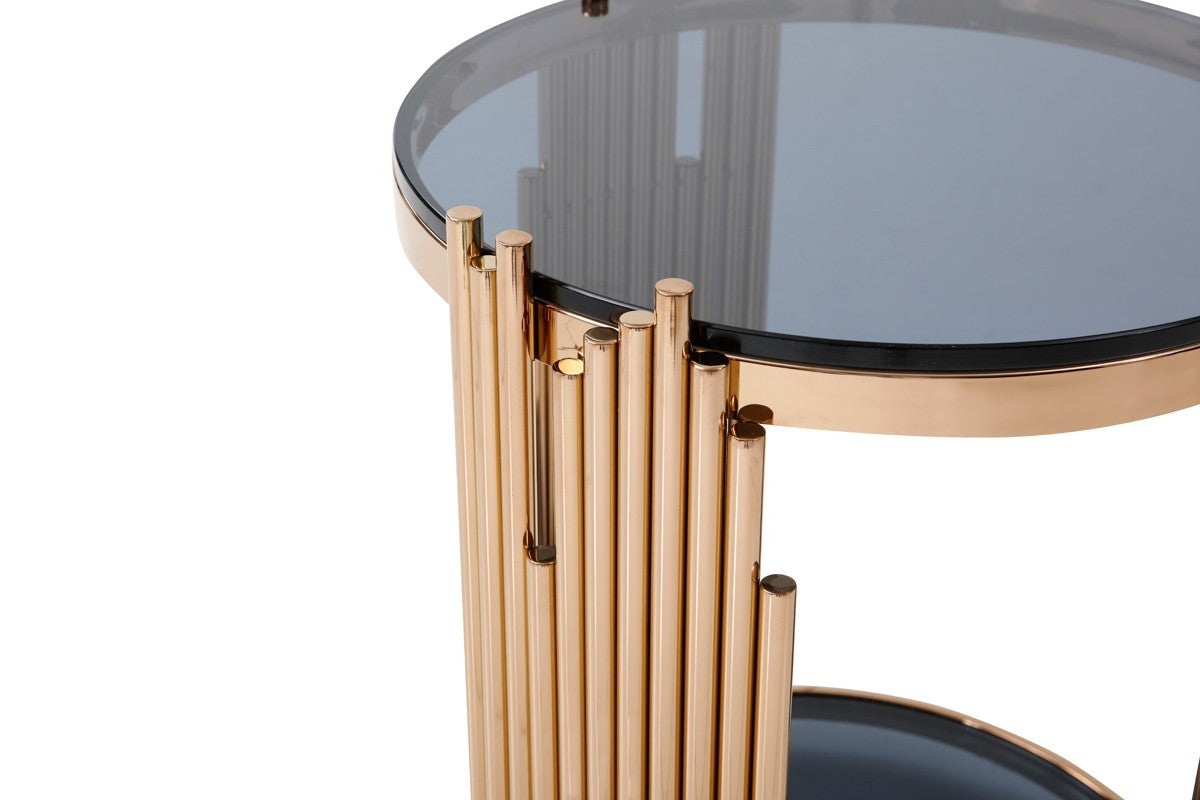 20" Rosegold And Black Glass Round End Table With Shelf