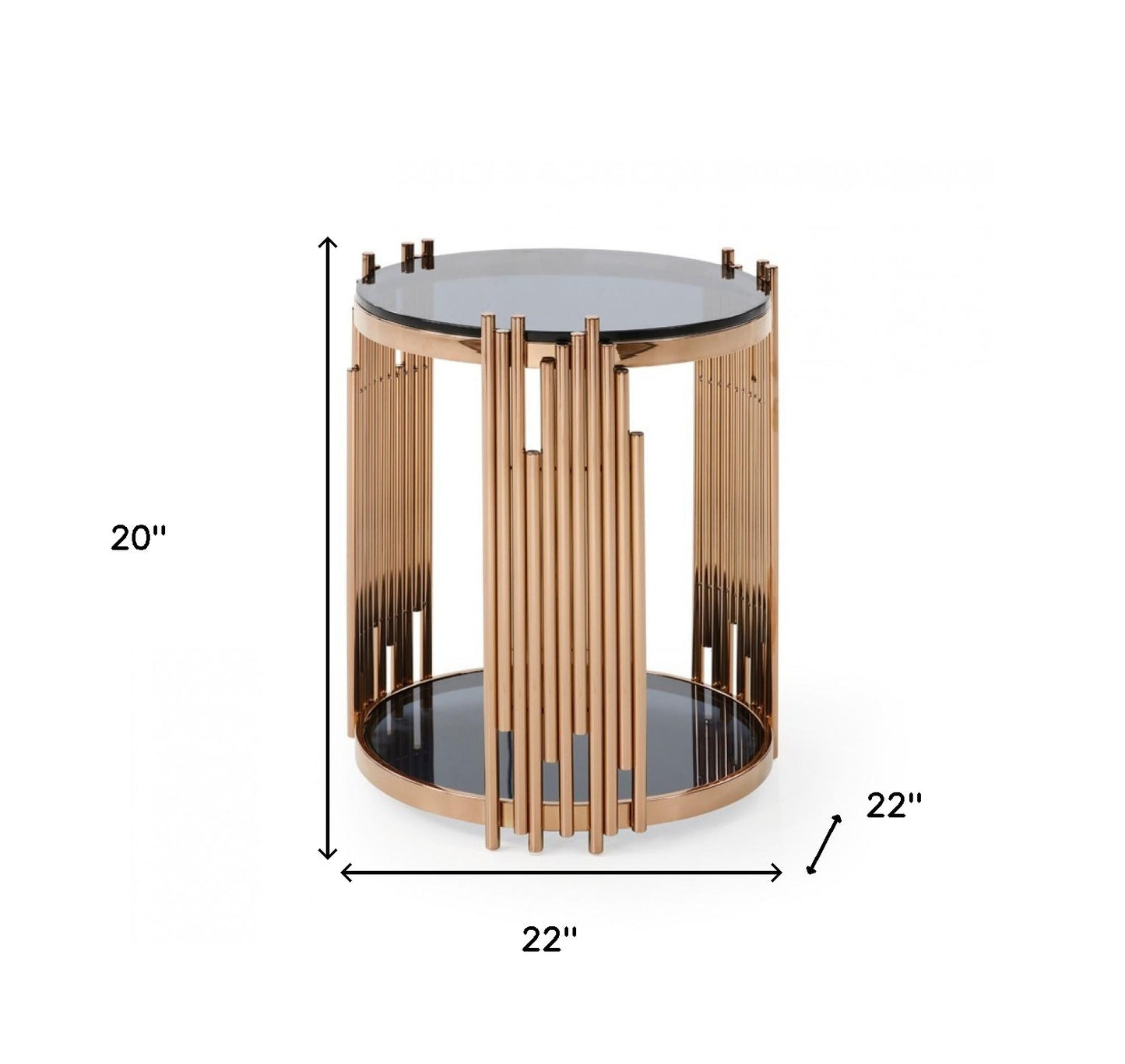 20" Rosegold And Black Glass Round End Table With Shelf