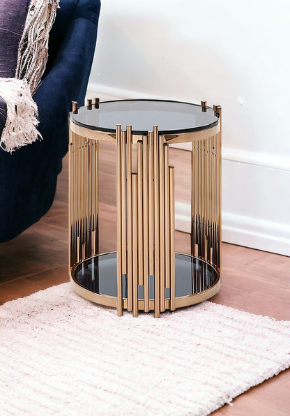 20" Rosegold And Black Glass Round End Table With Shelf