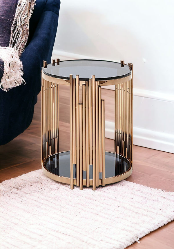 20 Rosegold And Black Glass Round End Table With Shelf