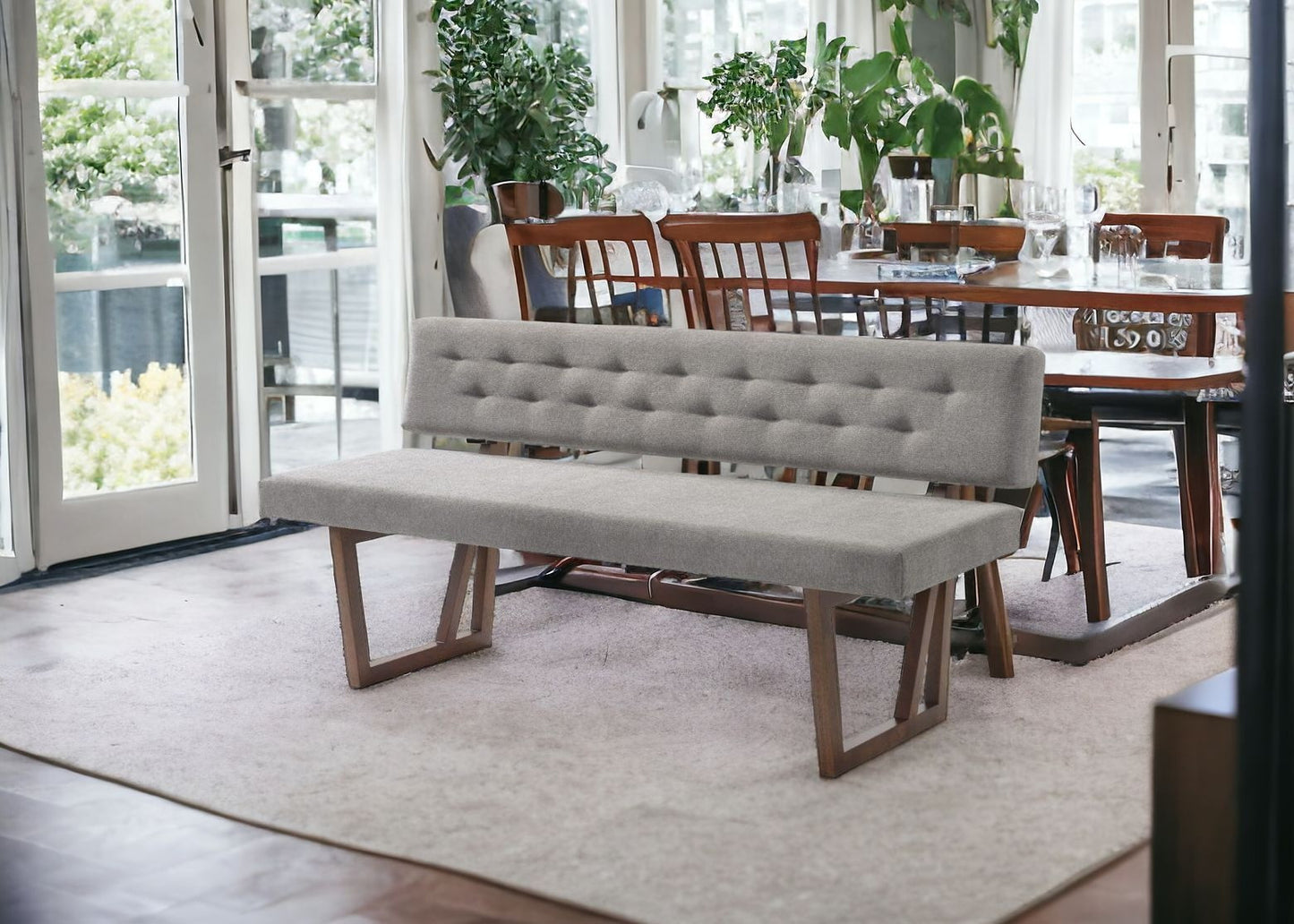 63" Gray and Brown Upholstered Linen Blend Dining Bench