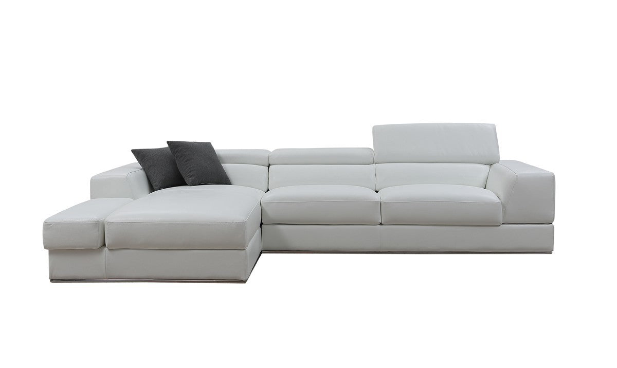 White Genuine Leather L Shaped Two Piece Sofa and Chaise Sectional With Console