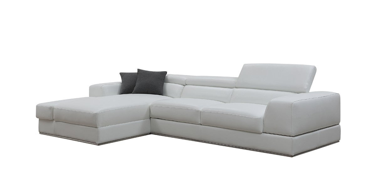 White Genuine Leather L Shaped Two Piece Sofa and Chaise Sectional With Console