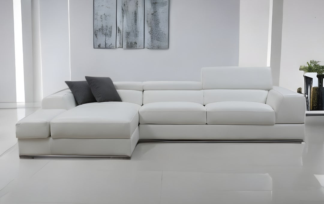 White Genuine Leather L Shaped Two Piece Sofa and Chaise Sectional With Console