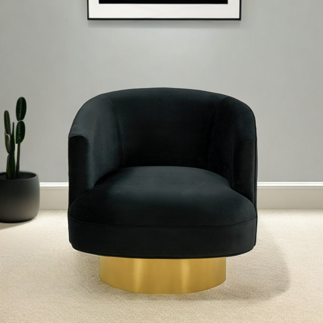 31" Black And Gold Velvet Barrel Chair