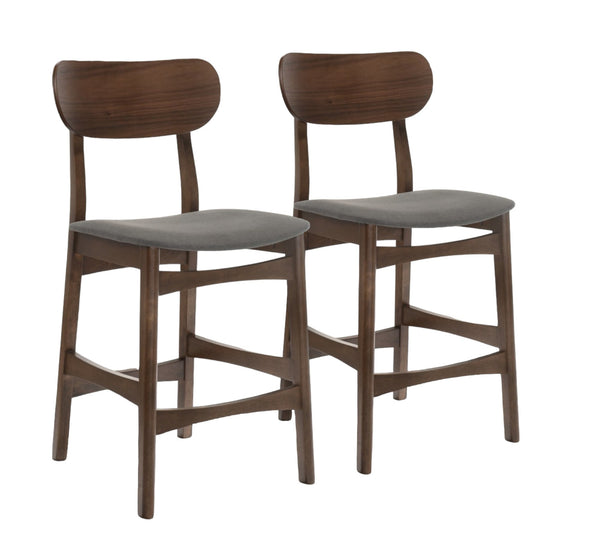 Set of Two 29 Gray And Brown Solid Wood Low Back Bar Height Bar Chairs