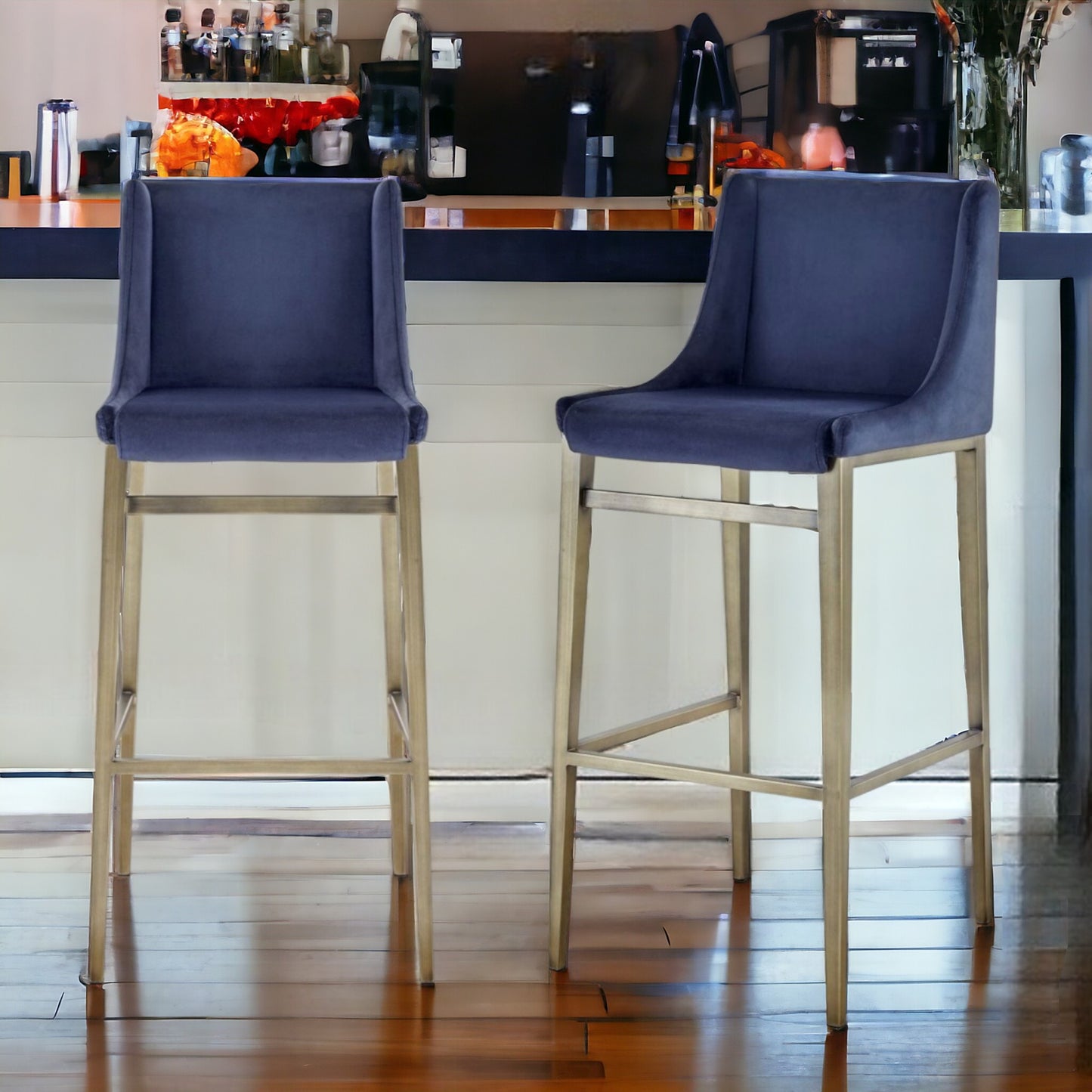 Set of Two 31" Blue And Silver Velvet And Steel Bar Height Bar Chairs