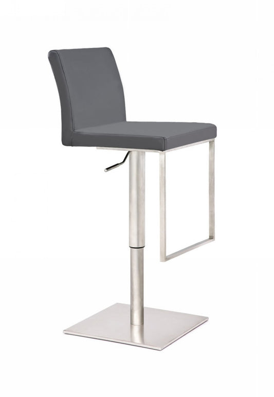 37" Gray And Silver Faux Leather And Stainless Steel Swivel Low Back Adjustable Height Bar Chair