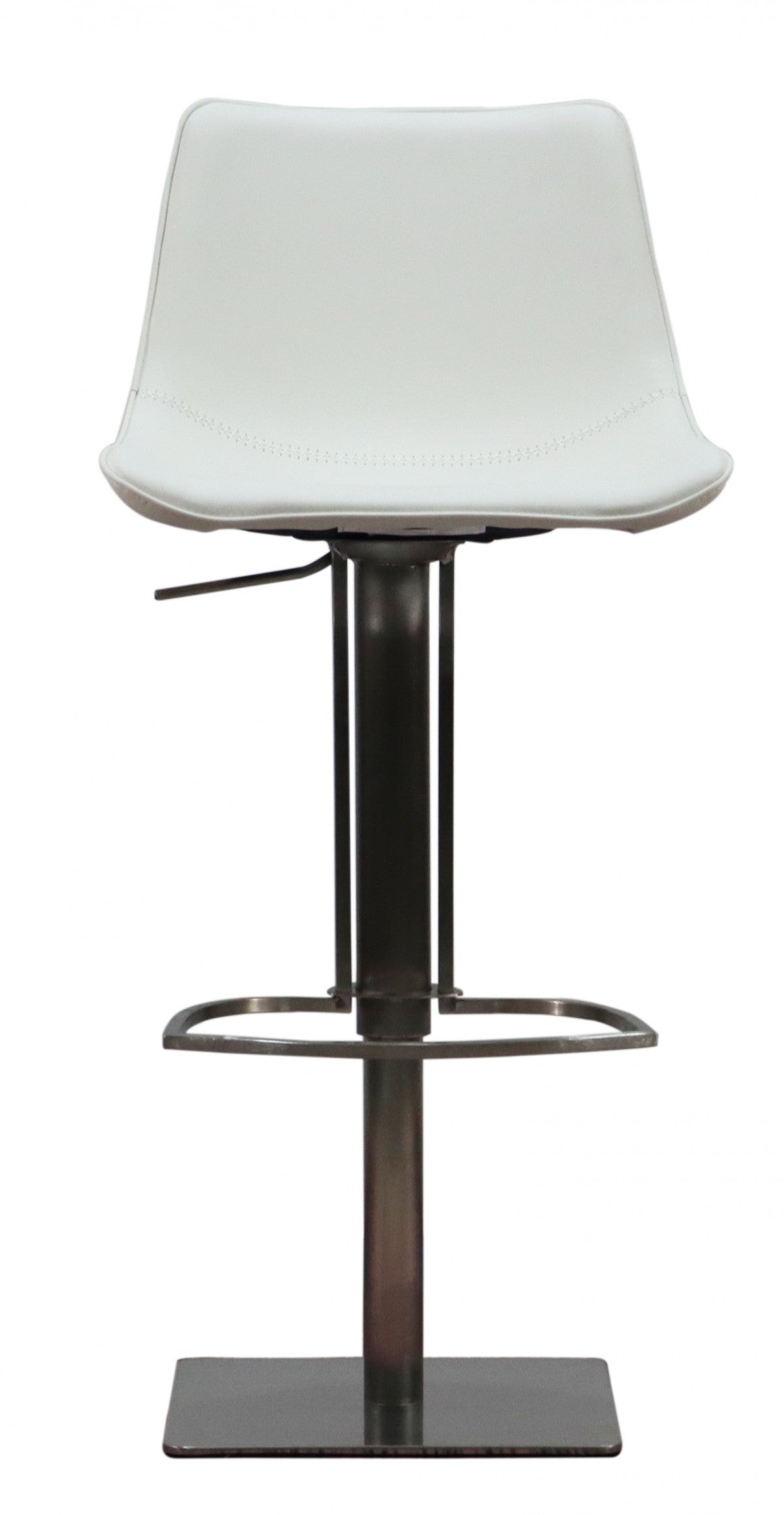 29" White And Silver Faux Leather And Stainless Steel Swivel Bar Height Bar Chair