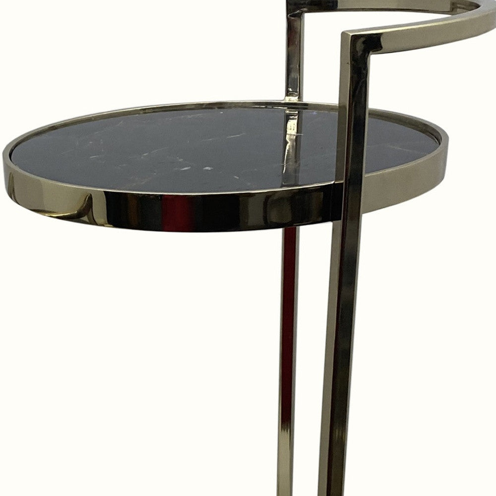 Set of Two 27" Gold And Black Stone Round Nested Tables