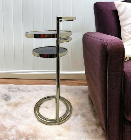 Set of Two 27" Gold And Black Stone Round Nested Tables