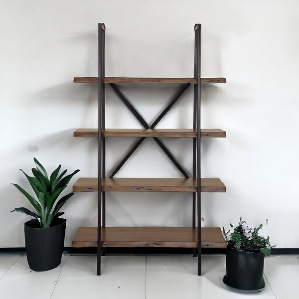 79 Brown and Black Acacia Live Edge Vertical Step Open Back Bookcase