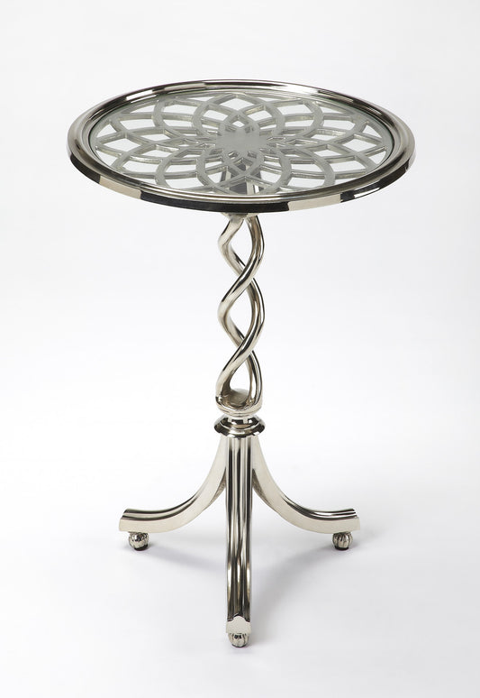 26" Silver Aluminum Open Lattice Round Top End Table