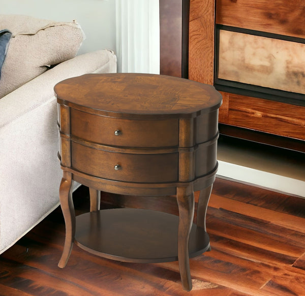 26 Medium Brown And Umber Solid And Manufactured Wood Oval End Table With Two Drawers And Shelf