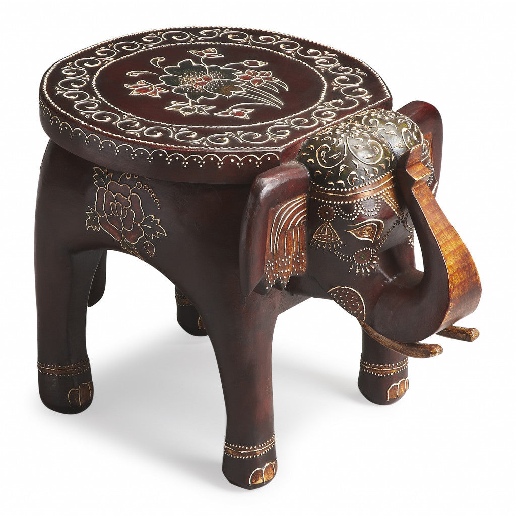 15" Warm Brown Hand Painted Floral 3D Elephant End Table