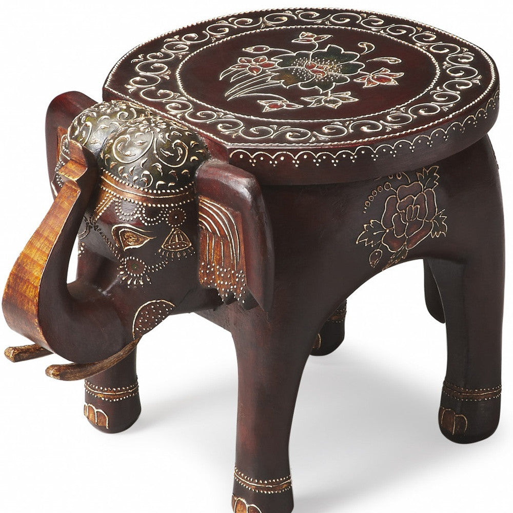 15" Warm Brown Hand Painted Floral 3D Elephant End Table