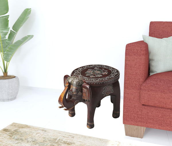 15 Warm Brown Hand Painted Floral 3D Elephant End Table