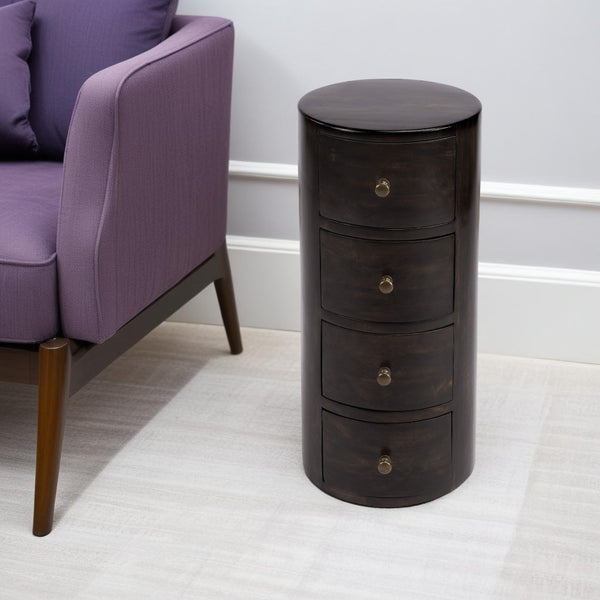 24 Dark Brown Round Column Shaped Pedestal End Table With Four Drawers