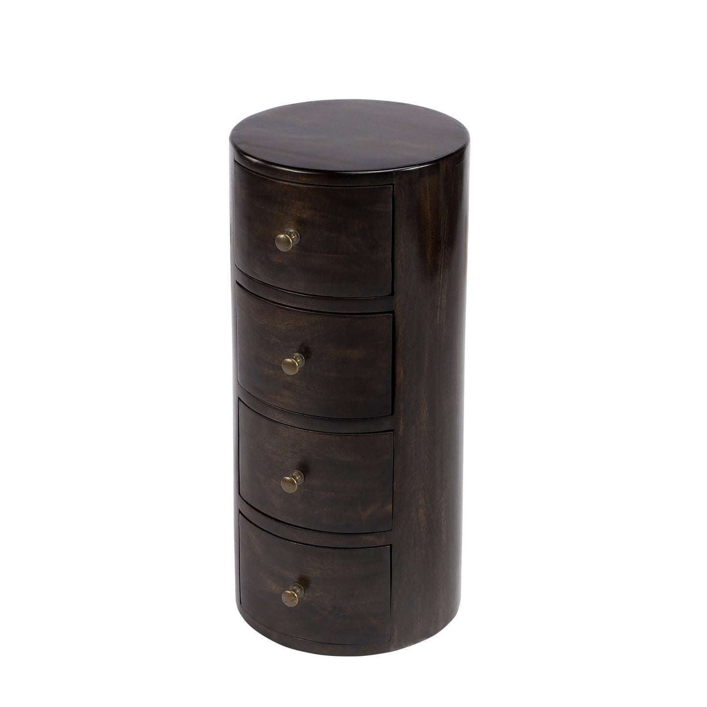 24" Dark Brown Round Column Shaped Pedestal End Table With Four Drawers