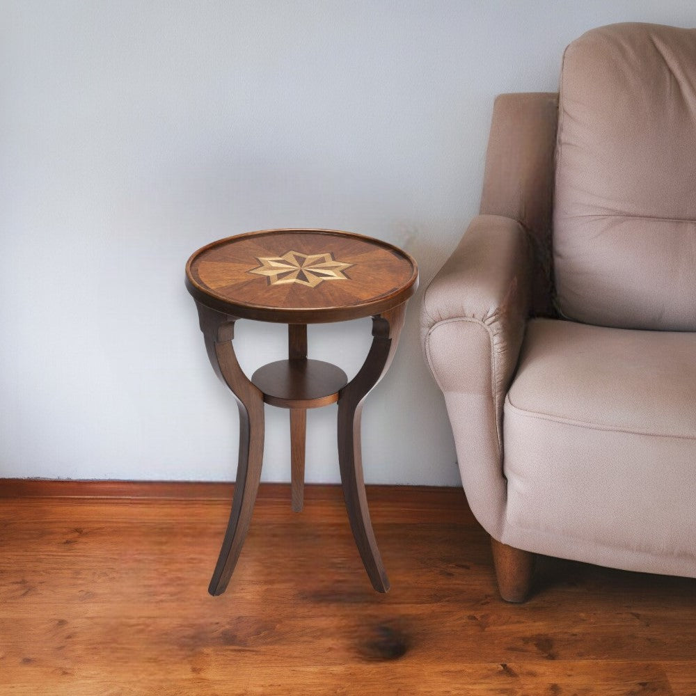 24" Brown And Olive Ash Manufactured Wood Round End Table With Shelf