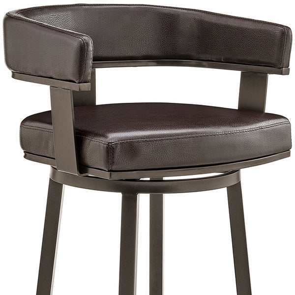 30 Chocolate And Gray Faux Leather And Iron Swivel Low Back Bar Height Bar Chair