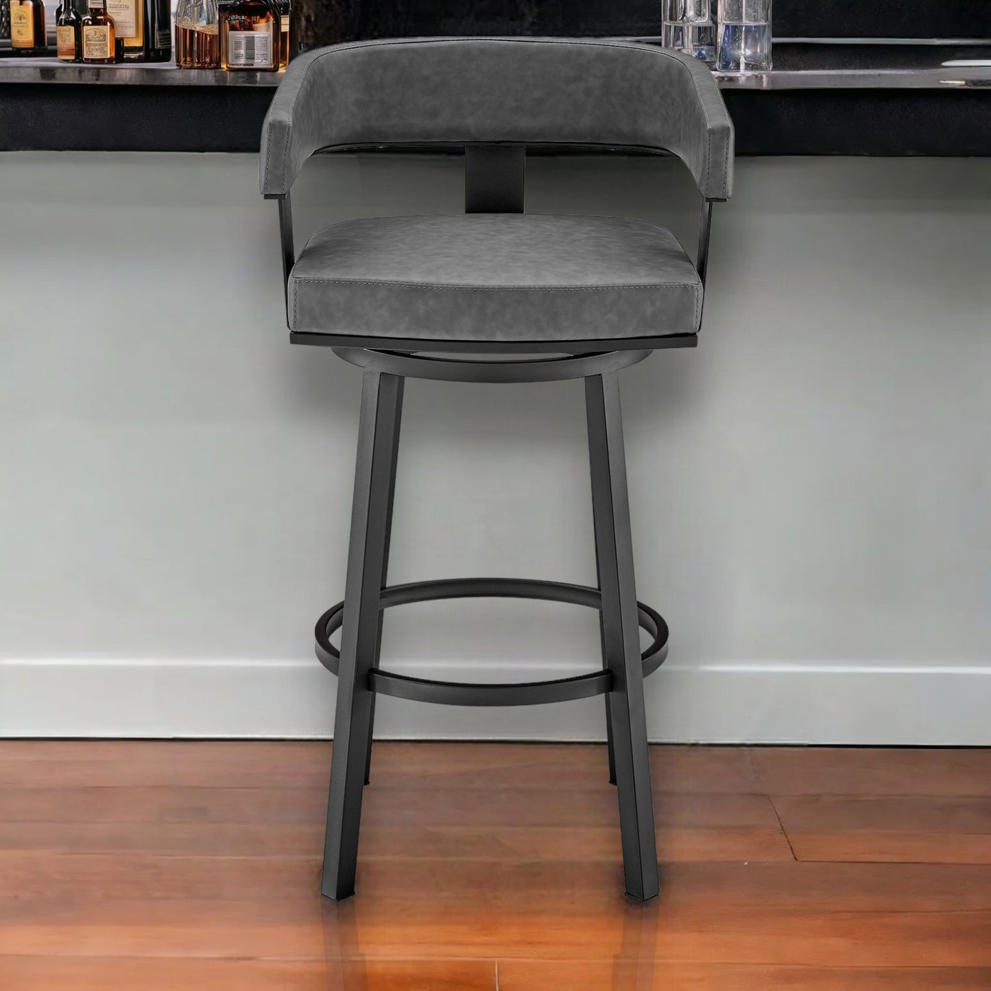 30" Gray And Black Faux Leather And Iron Swivel Low Back Bar Height Bar Chair