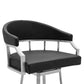 30" Black And Silver Faux Leather And Iron Swivel Low Back Bar Height Bar Chair