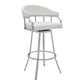 30" White And Silver Faux Leather And Iron Swivel Low Back Bar Height Bar Chair