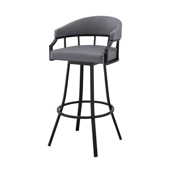 30 Slate Gray And Black Faux Leather And Iron Swivel Low Back Bar Height Bar Chair