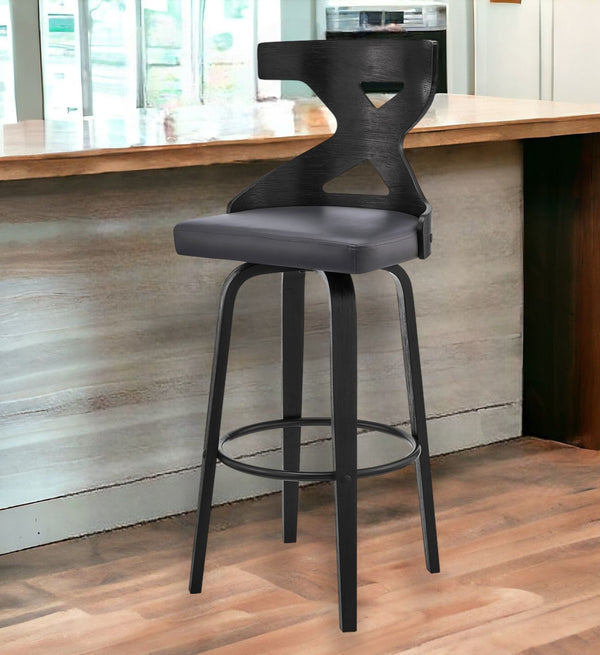 26 Gray And Black Faux Leather And Iron Swivel Counter Height Bar Chair