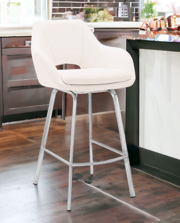 26 White And Silver Iron Swivel Low Back Counter Height Bar Chair