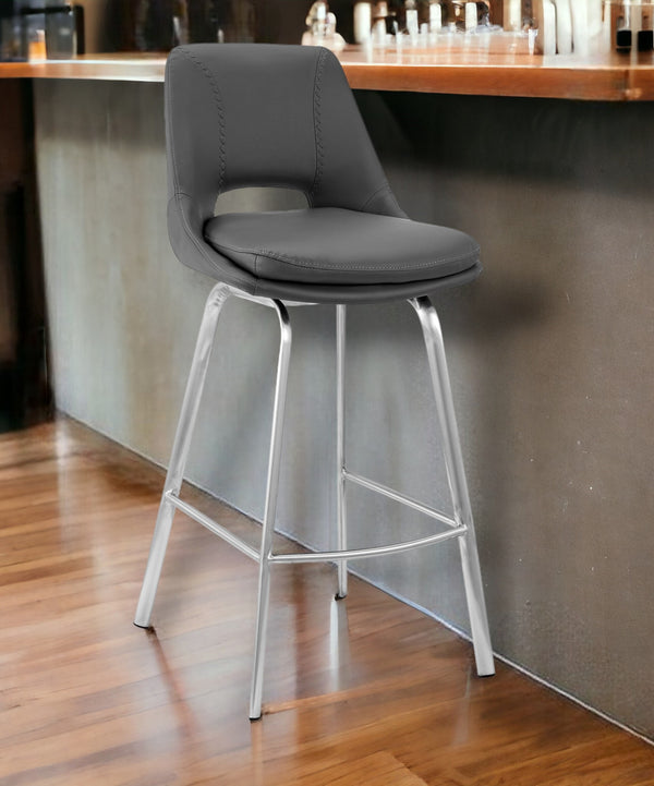 30 Gray And Silver Iron Swivel Low Back Bar Height Bar Chair