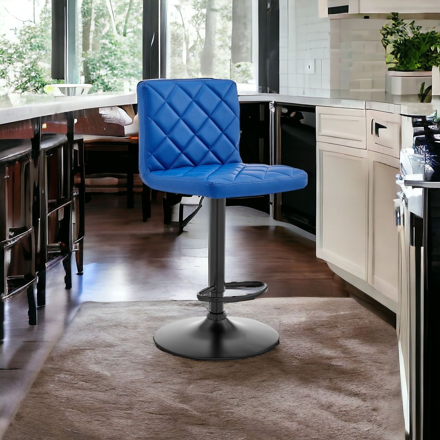 24" Blue And Black Iron Swivel Low Back Adjustable Height Bar Chair